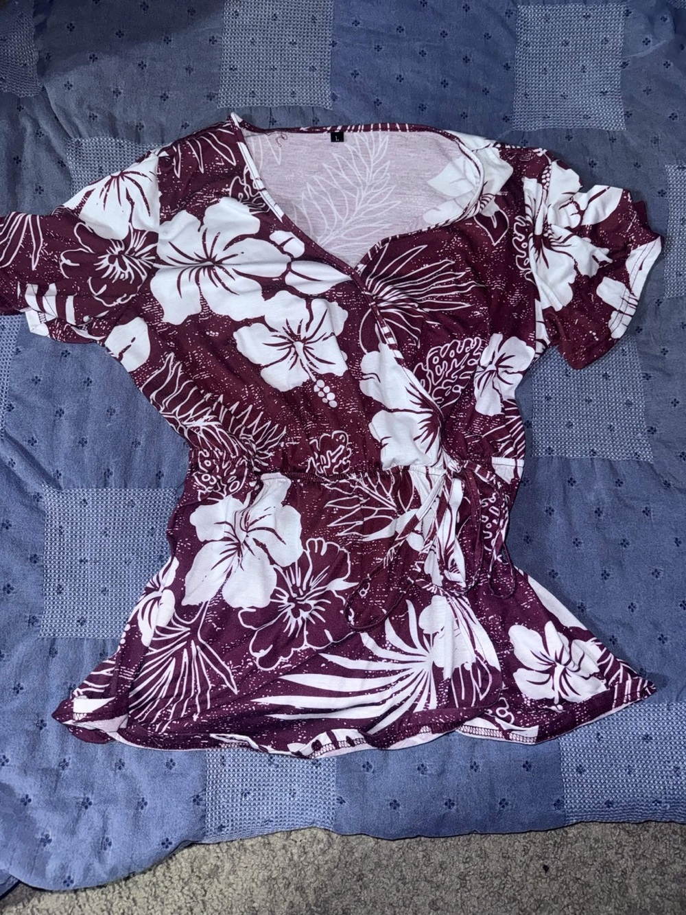 Women’s Floral Wrap Top - Burgundy and White